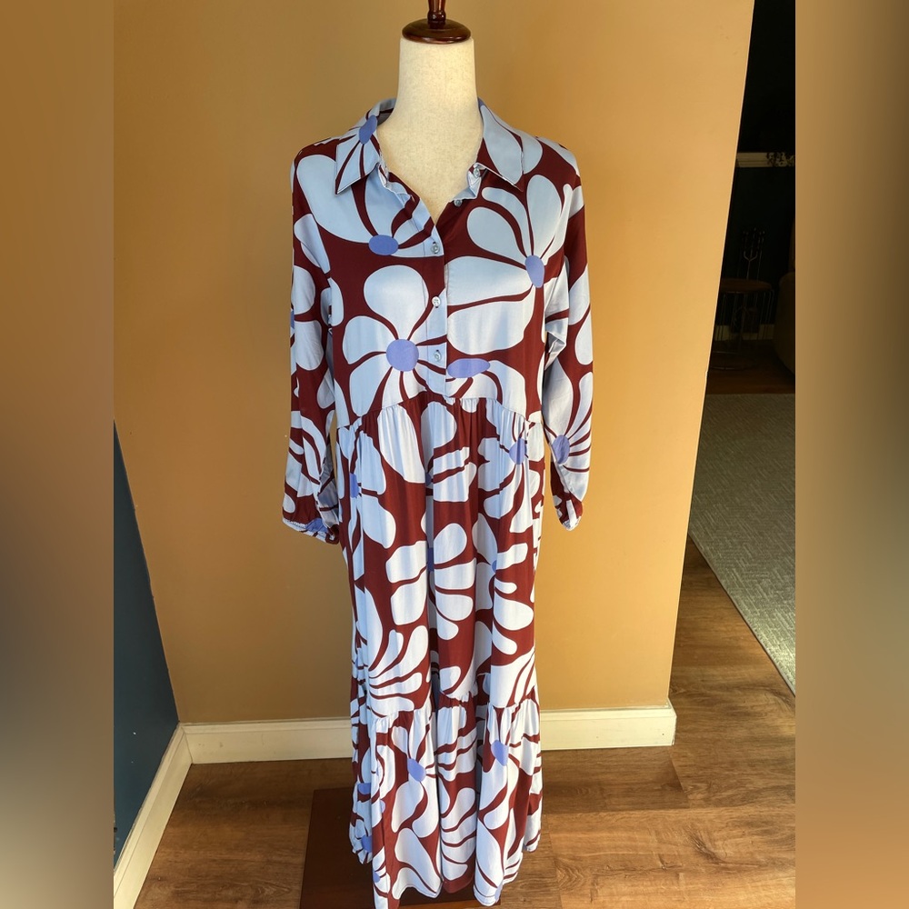 Studio Park Womens Tiered Bubble‎ Floral Shirt Dress Size Small Blue Oversized